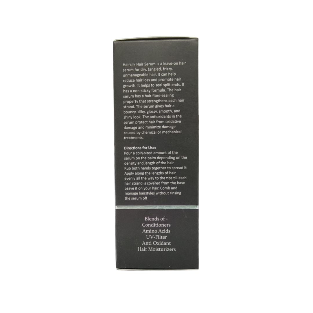 HAIRSILK SERUM Black hair serum packaging with text on a white background