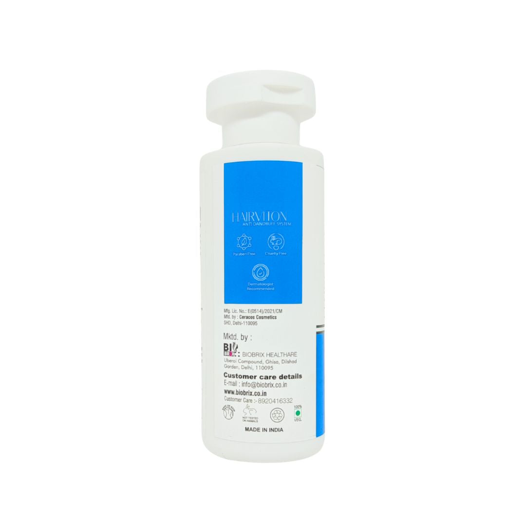 HairViton Anti Dandruff shampoo, White bottle with blue label on a white background