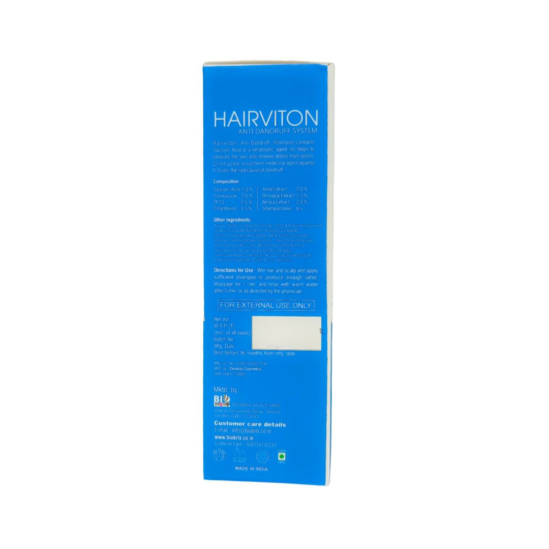 Blue box of HairViton Anti Dandruff shampoo on a white background