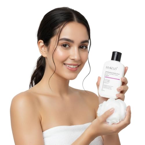 Woman holding a bottle of HYKOZI brightening Body Wash on a white background