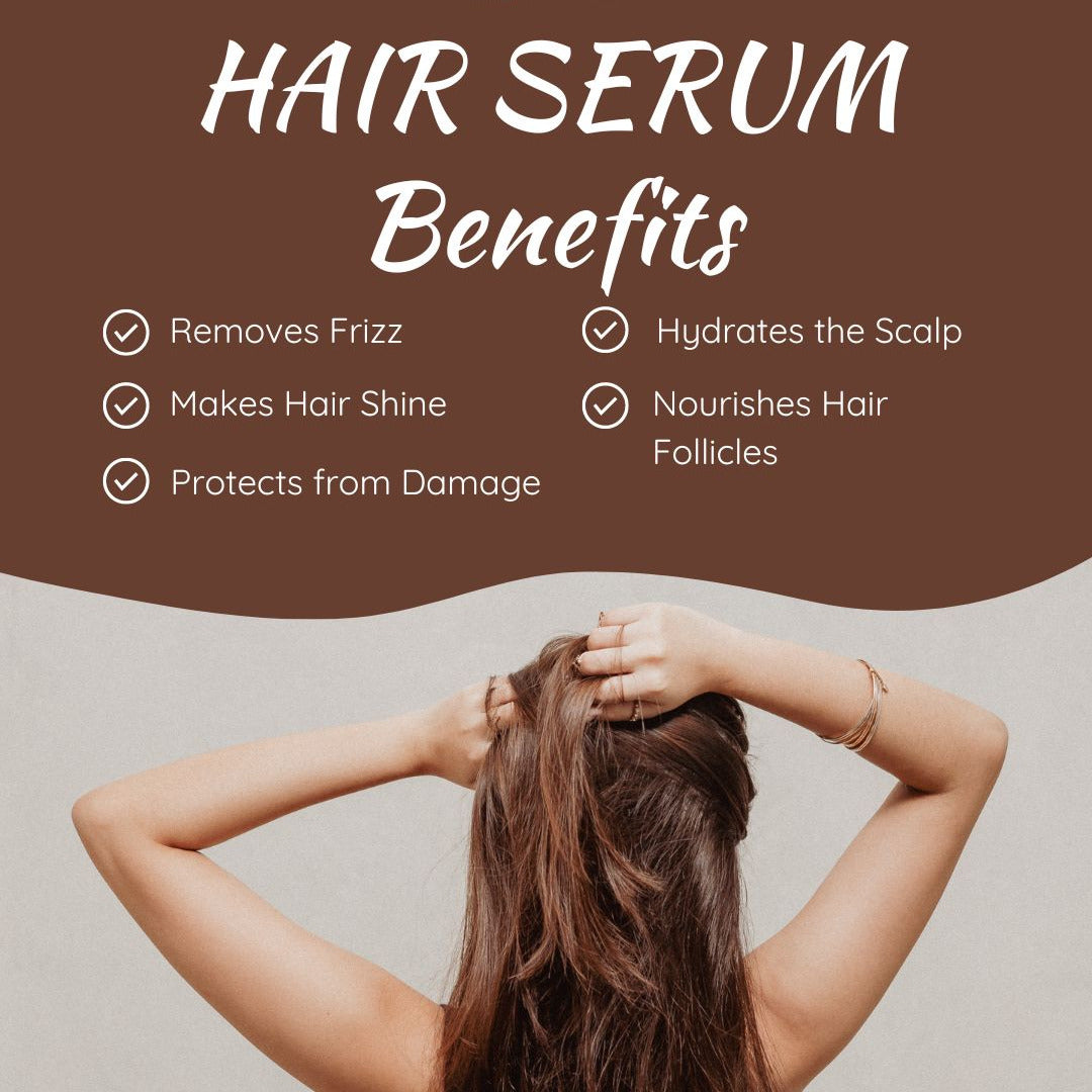 Person with long hair against a brown background with text about hair serum benefits.