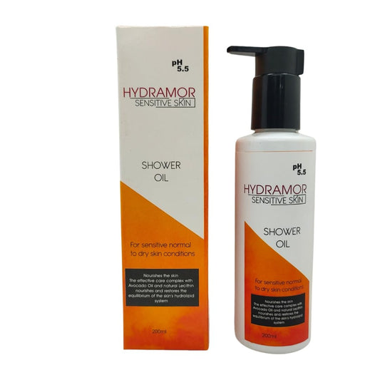 Hydramor Vitamin C + Avocado shower oil body wash bottle and packaging on a white background