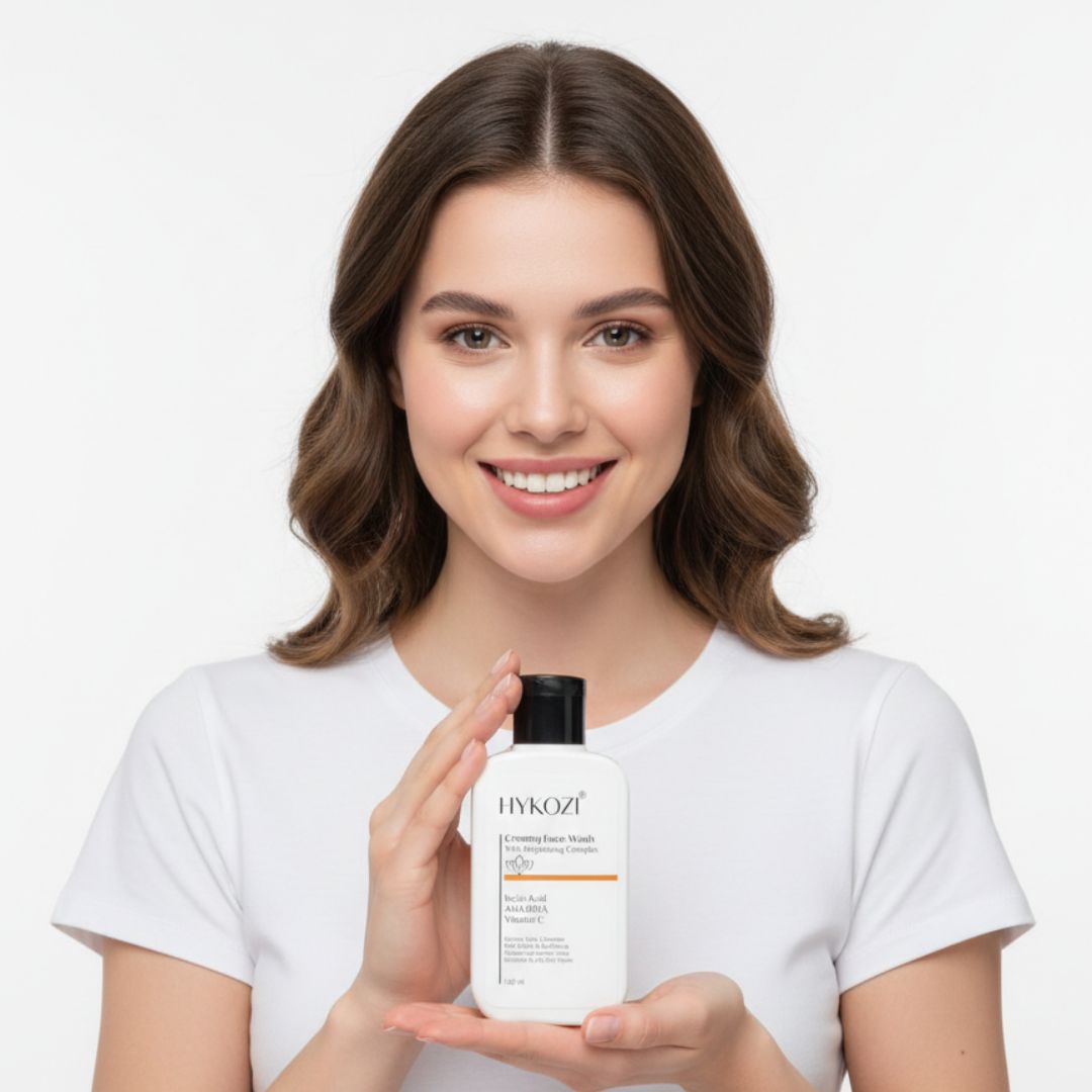 Woman holding a bottle of Hykozi Brightening Face Wash against a white background