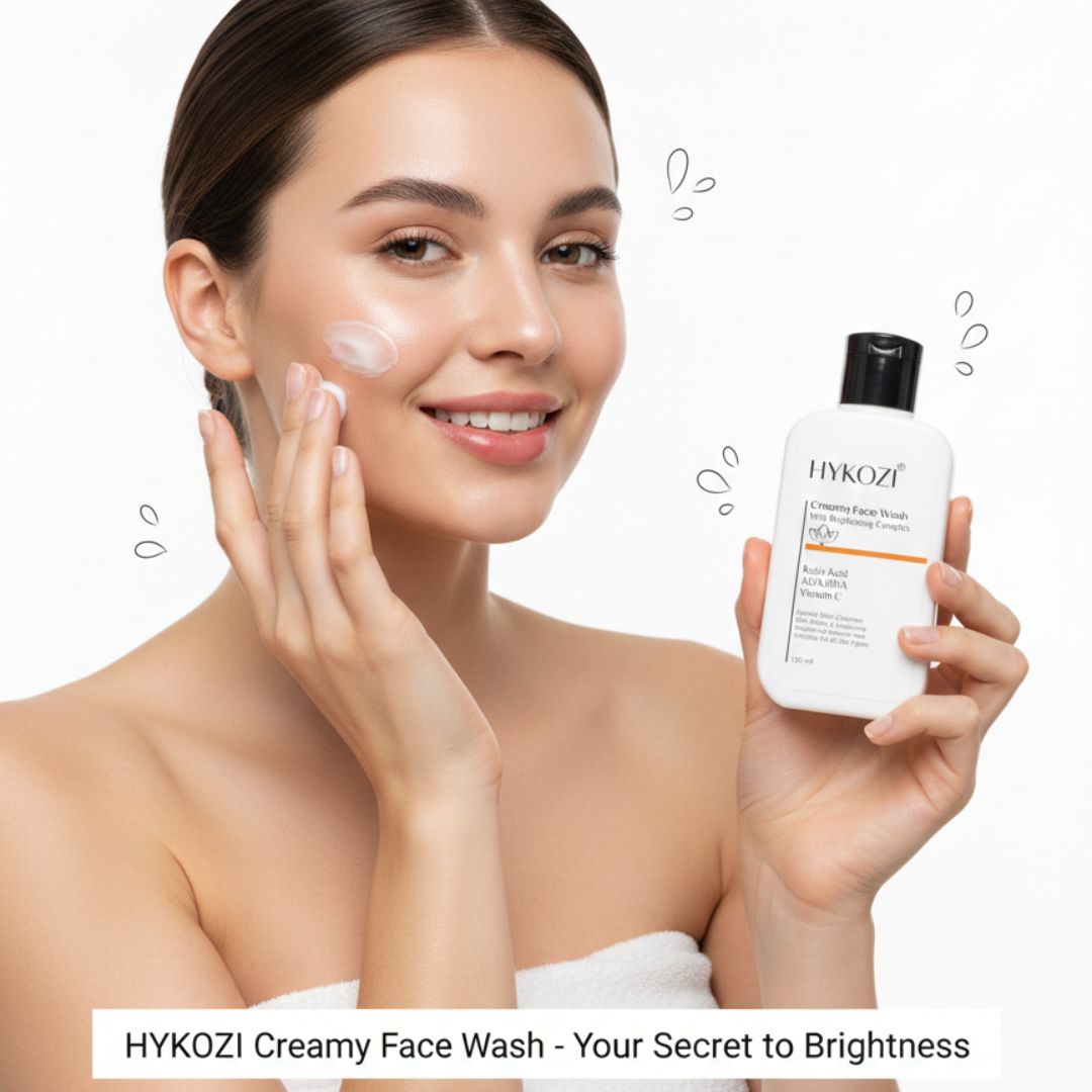 Woman applying  HYKZOZI Brightening Face Wash and holding the bottle in hand.