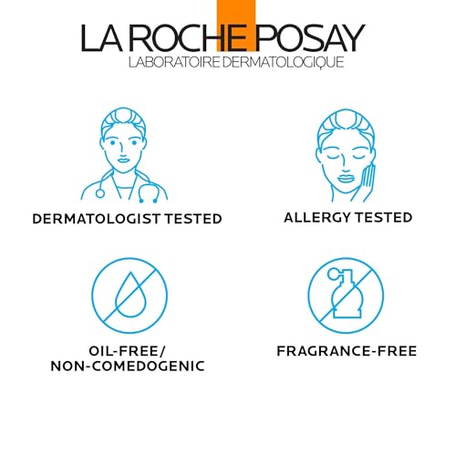 La Roche-Posay logo with icons and text indicating dermatologist-tested, allergy-tested, oil-free/non-comedogenic, and fragrance-free products.