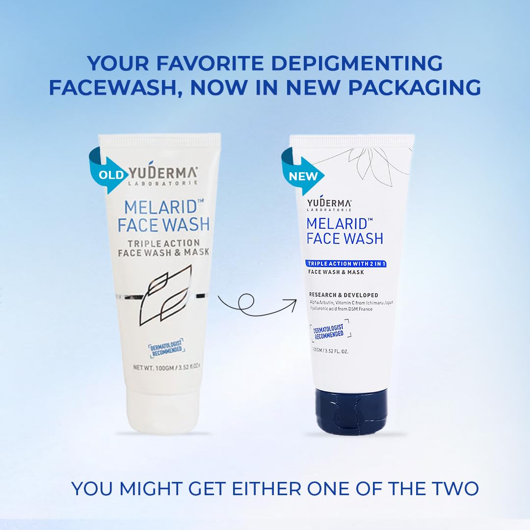 Two tubes of Yuderma Melarid Face Wash on a light blue background with text about new packaging.