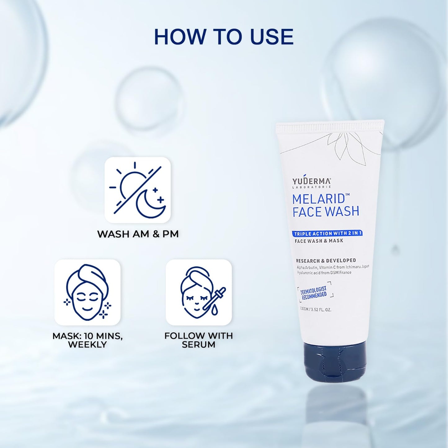 Yuderma Melarid Face Wash with usage instructions on a blue background