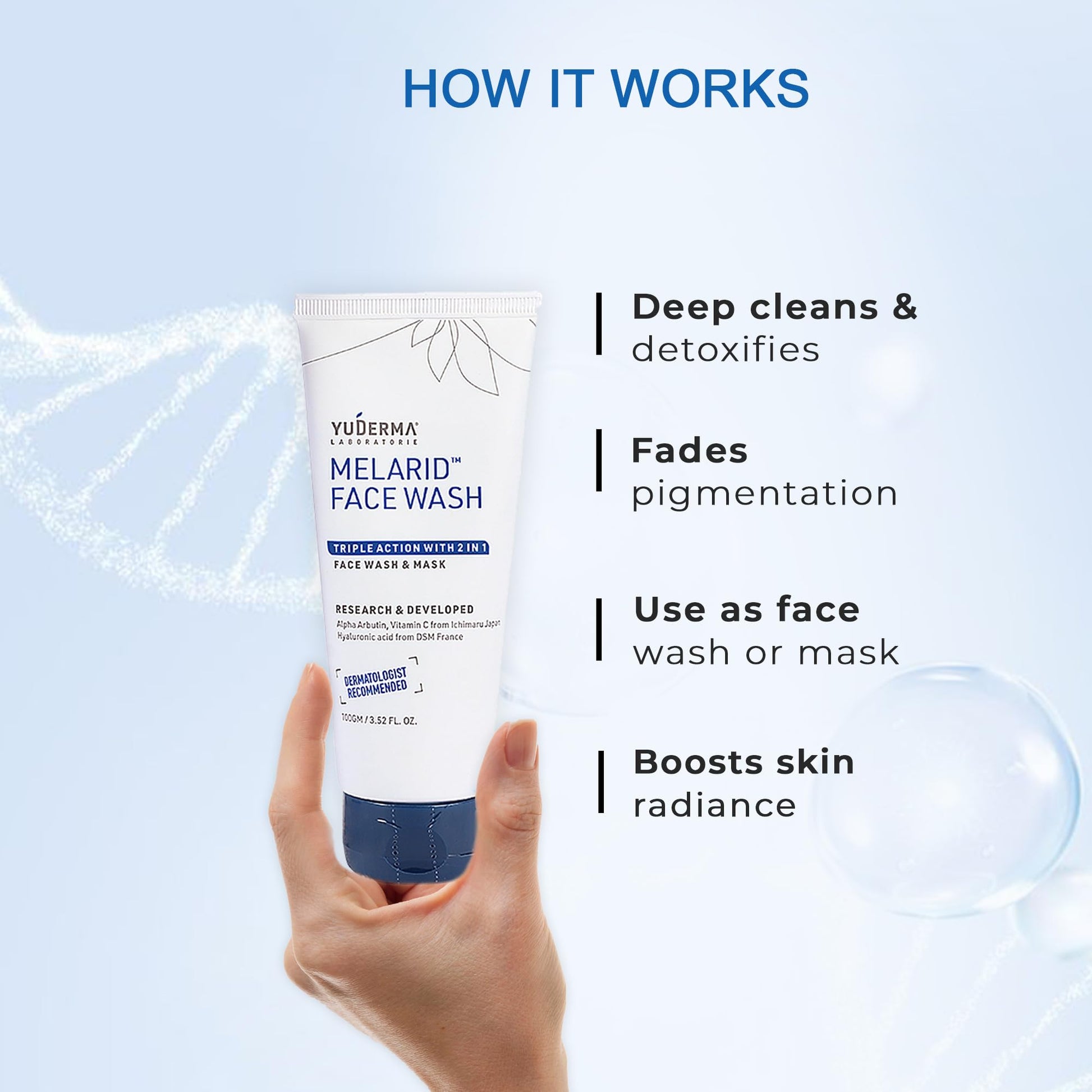 YUERMA MELARID Face Wash with text on deep cleansing, pigmentation fading, use as face wash or mask, and boosting skin radiance.