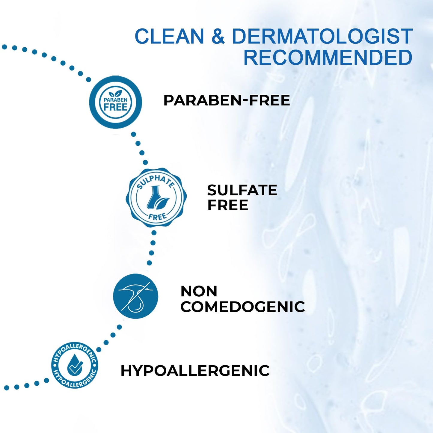 Product features including paraben-free, sulfate-free, non-comedogenic, and hypoallergenic on a blue background.