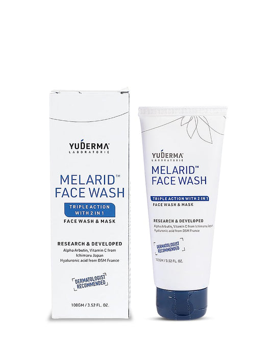 YuDerma MELARID Face Wash tube and packaging on a white background