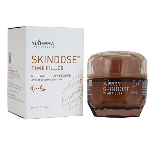 Yuderma Skindose Time Filler cream jar and packaging on a white background