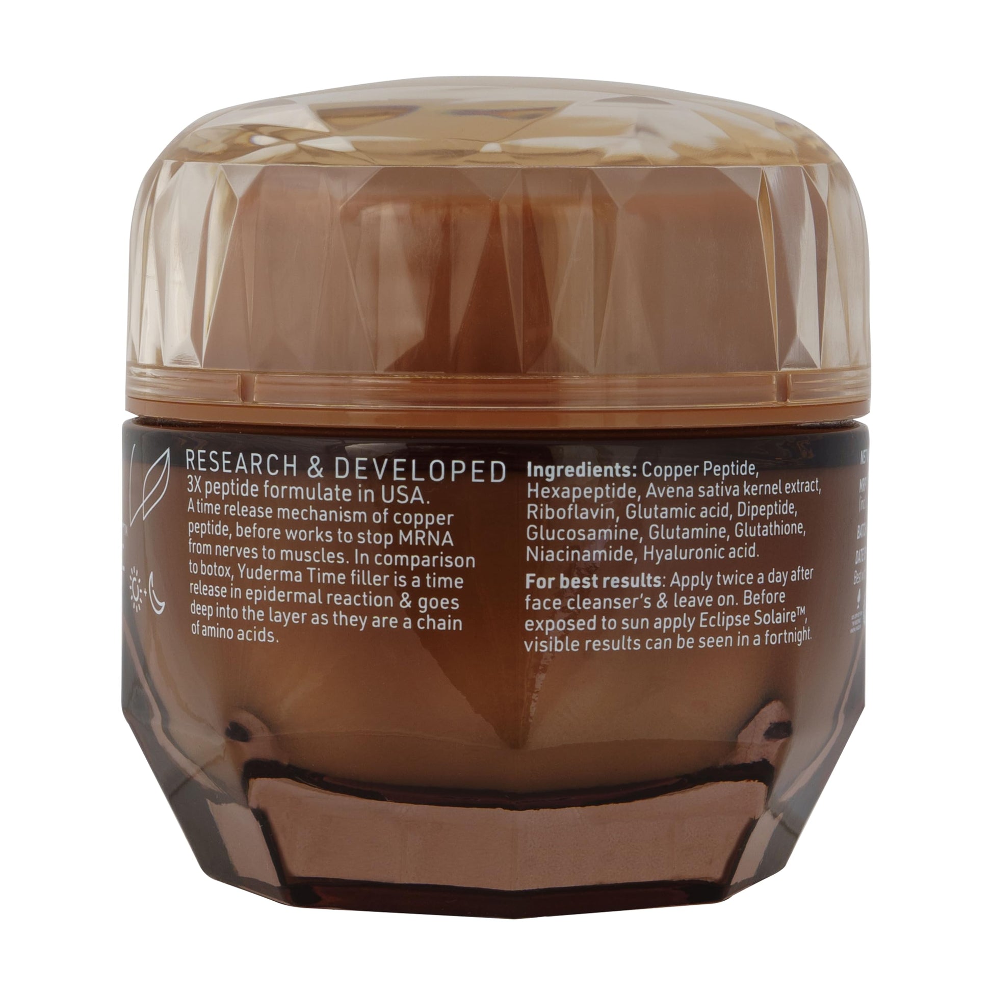 Cosmetic jar with brown and clear design on a white background